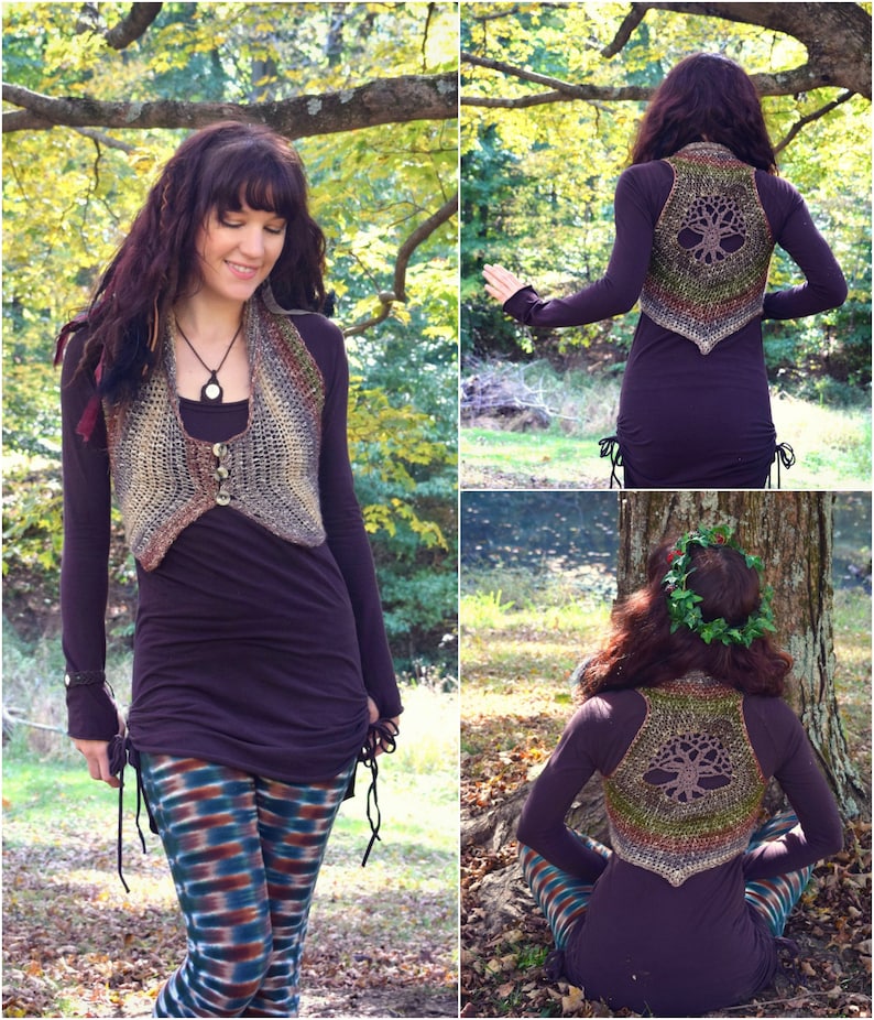 May include: A woman wearing a brown crocheted vest with a tree design on the back. The vest has a pointed bottom and is worn over a long-sleeved purple shirt and patterned leggings.