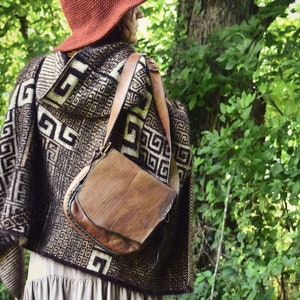 May include: A person wearing a brown and white patterned poncho with a brown leather satchel and a red pointed hat. The person is standing in a forest setting.