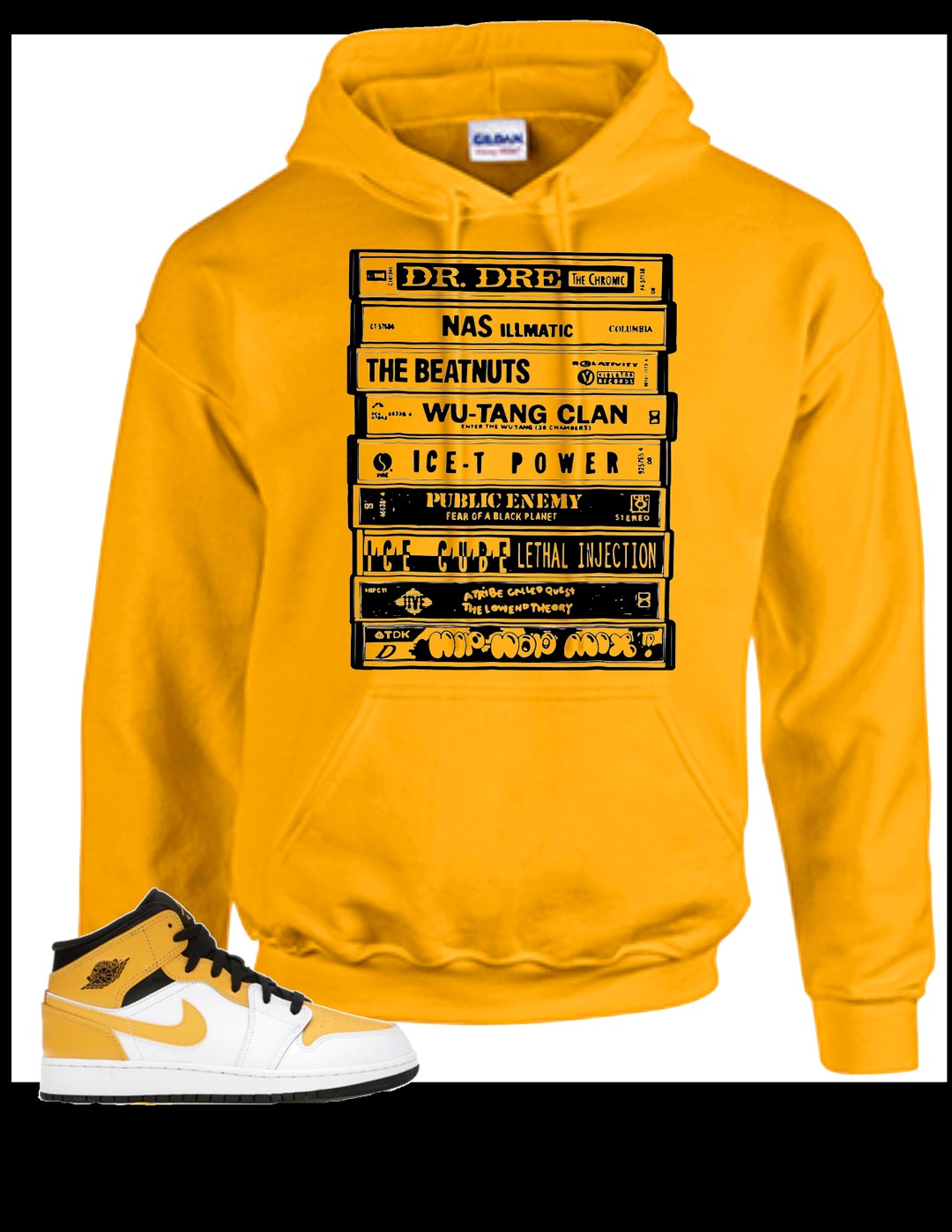 Sneaker Shirt Air Jordan 1 Mid University Gold Match jaren 90 gangsta rap  cassettebandjes ijsblokje dr.dre - Etsy België, image size:1080x1398