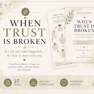 Puede incluir: Un cuaderno de trabajo titulado "When Trust Is Broken" con una paleta de colores suave y neutra. La portada presenta el título en texto grande y oscuro, con texto adicional que describe el propósito del libro. La imagen incluye materiales de apoyo.