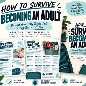 Puede incluir: Un libro titulado How to Survive Becoming an Adult con portada color verde azulado, que muestra una mochila, un smartphone y llaves. La imagen exhibe páginas interiores sobre gestión financiera y kits de emergencia.