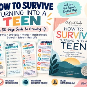 Könnte beinhalten: Ein Buch mit dem Titel How to Survive Turning into a Teen, ein 80-seitiger Leitfaden über Pubertät, Gefühle und Beziehungen. Das Cover zeigt ein Eulen-Logo, eine Sonnenuntergangs-Illustration und den Text Weird is Normal.
