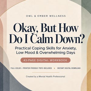 Könnte beinhalten: Ein 43-seitiges digitales Arbeitsbuch mit dem Titel "Okay, But How Do I Calm Down? Practical Coping Skills for Anxiety, Low Mood & Overwhelming Days" von Owl & Ember Wellness. Das Cover zeigt abstrakte geometrische Bögen in gedeckten Farben.