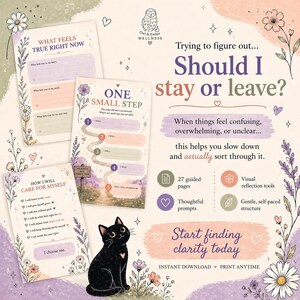 Könnte beinhalten: Ein illustrierter Ratgeber mit dem Text „Soll ich bleiben oder gehen?“ und „Beginne noch heute, Klarheit zu finden“. Das Bild zeigt eine schwarze Katze, florale Akzente und Anregungen zur Selbstreflexion. Der Ratgeber hat 27 Seiten.