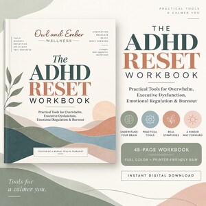 Könnte beinhalten: Das ADHD Reset Workbook von Owl and Ember Wellness ist ein 48-seitiges Arbeitsbuch mit cremefarbenem Einband und abstrakten Landschaftsillustrationen in gedeckten Grün-, Blau- und Terrakottatönen. Der Text enthält praktische Tools.