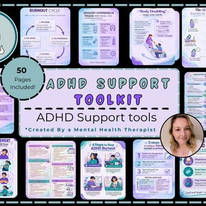 Puede incluir: Un kit de herramientas de apoyo para el TDAH con 50 páginas de herramientas y recursos. La imagen presenta varias infografías sobre temas como el agotamiento, la sobrecarga sensorial y el « body doubling ».