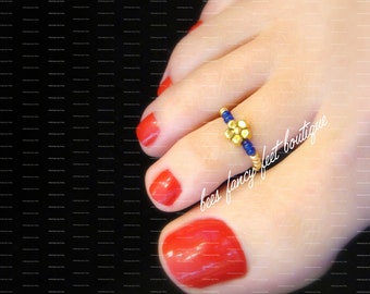 Gold Plated Daisy and Sapphire Stretch Elastic Bead Toe Ring