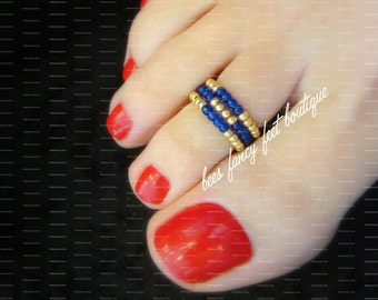 Stackable Cobalt Blue and Gold Painted Stretch Bead Toe Ring Set