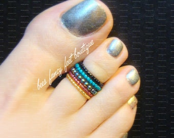 Mermaid Rainbow Hematite Stacking Stackable Stacked Stretch Elastic Bead Toe Ring Set