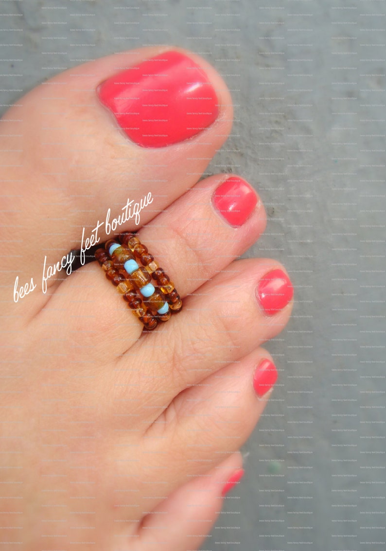 Topaz and Turquoise Tribal Pattern Stacking Stackable Stacked Stretch Elastic Bead Toe Ring Set image 1