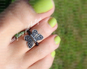 Antique Silver Butterfly Charm Stretch Bead Toe Ring