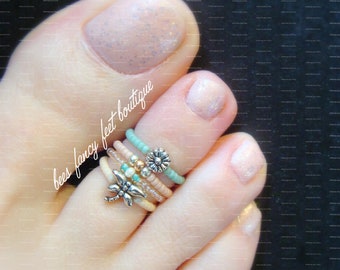 Spring is in the Air Stacking Toe Ring, Dragonfly and Flower Stretch Bead Toe Ring Set