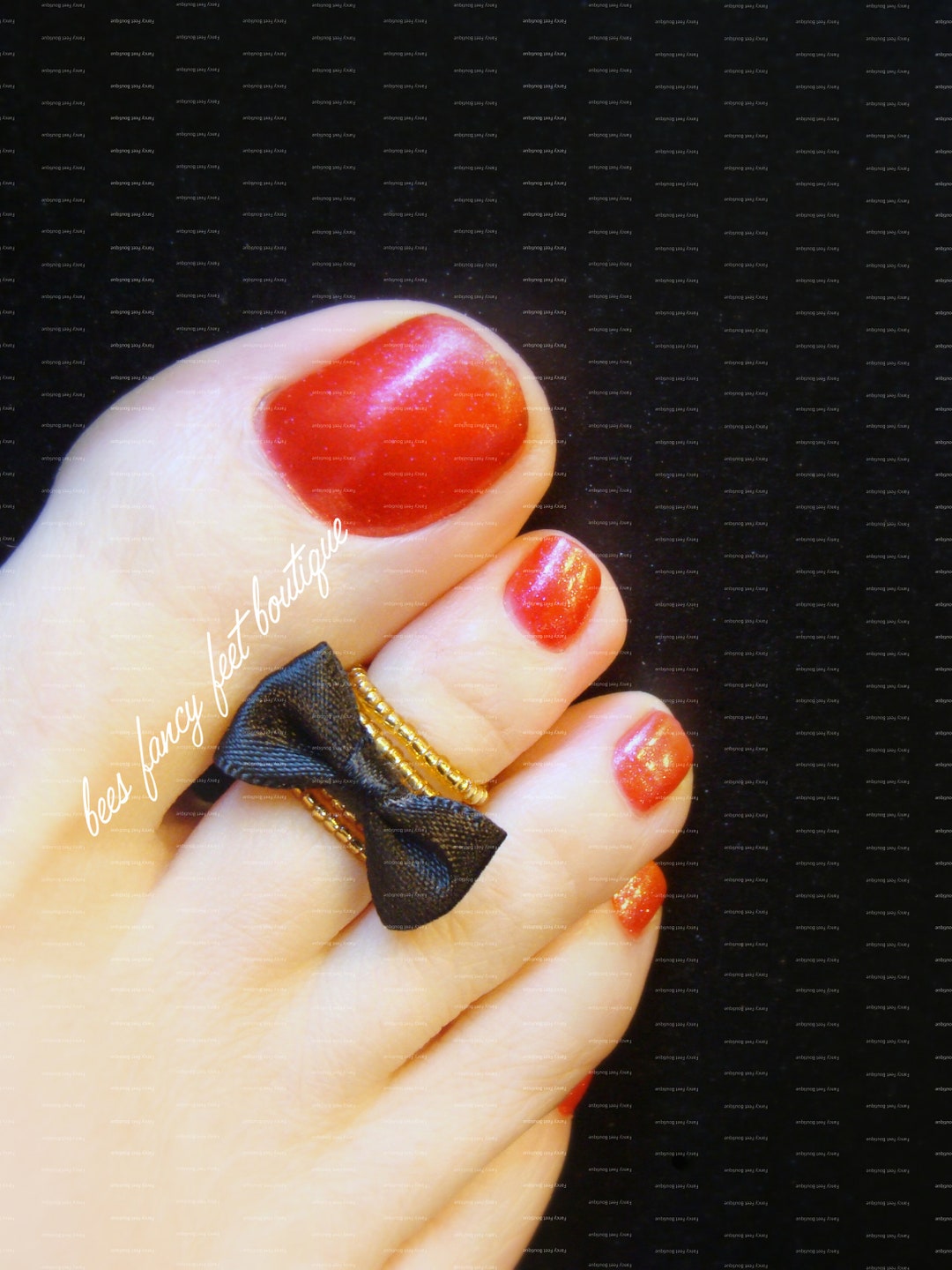 Toe Ring, Mini Silk Black Baby Bow Tie, Gold Stretch Bead Toe Ring Set ...