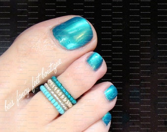 Turquoise Silver Stacking Stretch Bead Toe Ring