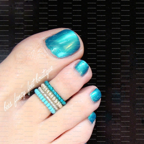 Turquoise Silver Stacking Stretch Bead Toe Ring