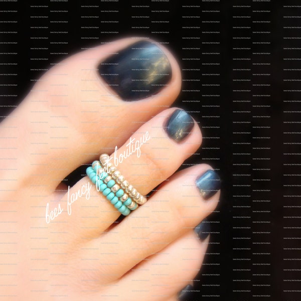 Stackable Turquoise and Silver Painted Stretch Bead Toe Ring Set