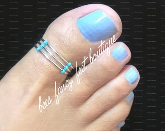 Layered Silver Tone and Baby Blue Stretch Elastic Bead Toe Ring Set