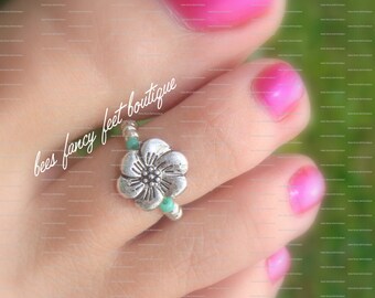 Silver Plated Metal Hibiscus Flower Stretch Elastic Bead Toe Ring