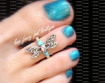 Dragonfly Toe Ring, Silver Plated Toe Ring, Turquoise Stone Ring, Stretch Bead Toe Ring