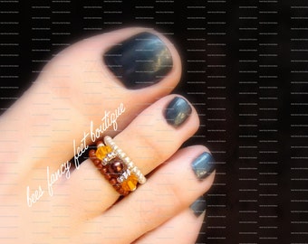 Copper Chocolate Pearl and Topaz Crystal Stretch Bead Toe Ring