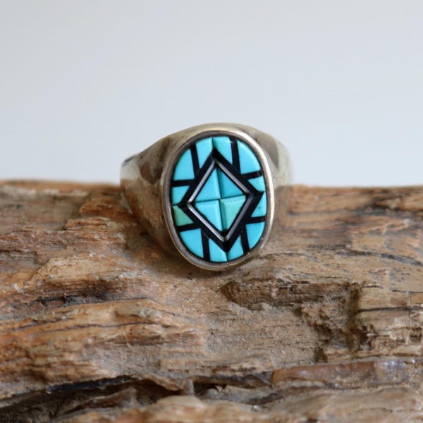 Yelmo Natachu Zuni Inlaid Turquoise Sterling Silver Ring | size 11