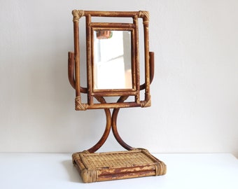 Miroir de table sur pied en bambou et rotin
