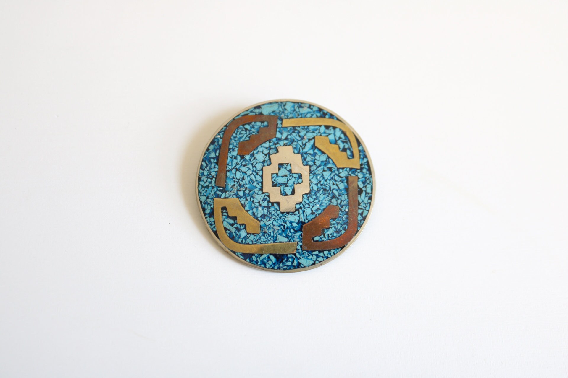 Broche Ancienne Massive Argent Et Mosaïque - Style Mexicain - Occasion Rare - Pièce Unique