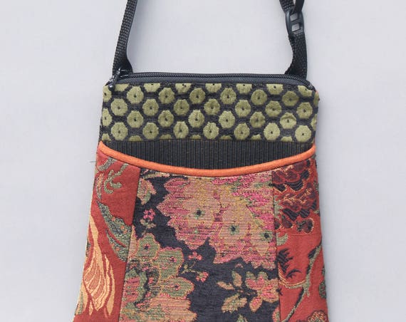 Rustic Tapestry Adjustable Purse in Salmon and Sage Jacquard Upholstery Fabric