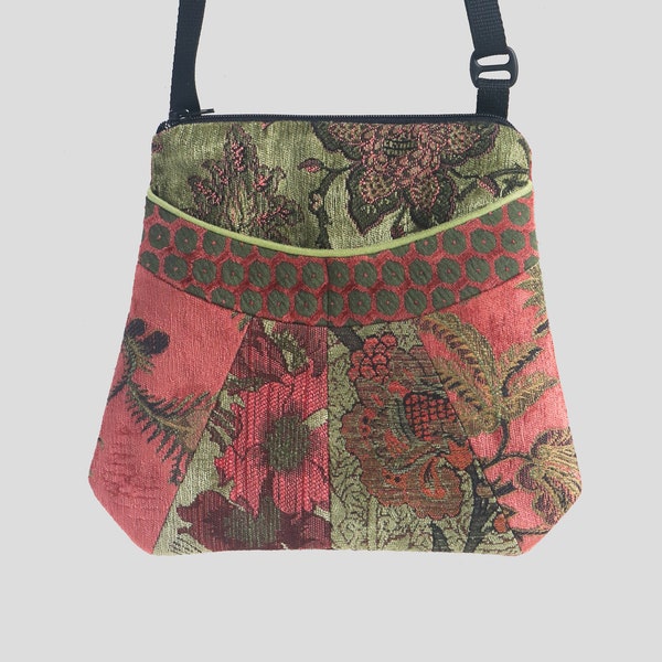 Melon Medium Tapestry Adjustable Alyssa Purse in Salmon and Sage Floral Upholstery Fabric