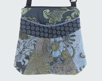 Medium Tapestry Adjustable Alyssa Purse in Powder Blue and Slate Floral Upholstery Fabric- One of a Kind!