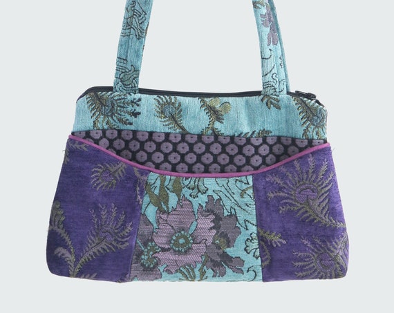 Seamist Medium Nancie Purse in Purple and Aqua Floral Jacquard Upholstery Fabric