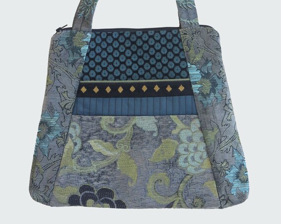 Tapestry Tote Bag in Pewter and Aqua Floral Upholstery Fabric Large- One of a Kind!