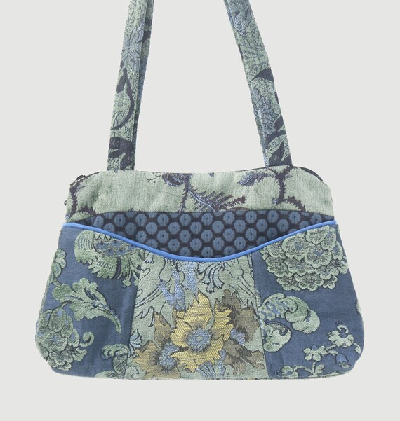 Dusk Medium Nancie Purse in Blue and Green Floral Jacquard Upholstery Fabric