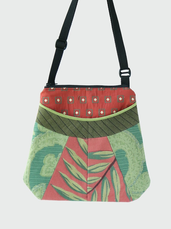 Frond Medium Tapestry Adjustable Alyssa Purse in Salmon and Green Floral and Stripe Upholstery Fabric