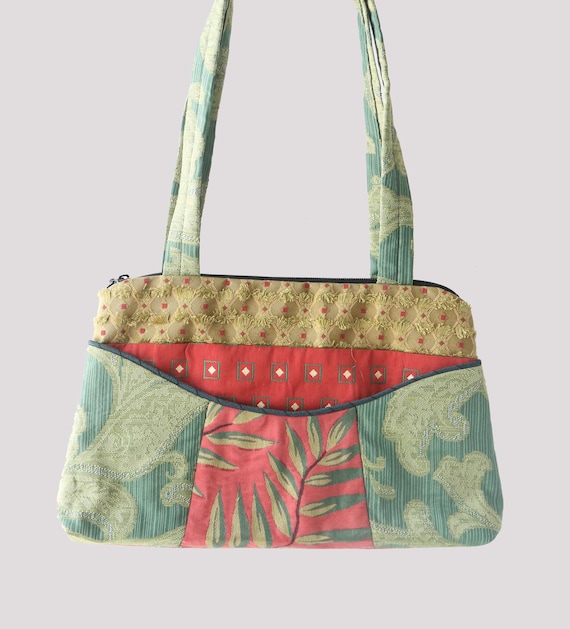 Frond Medium Nancie Purse in Coral and Green Floral Jacquard Upholstery Fabric