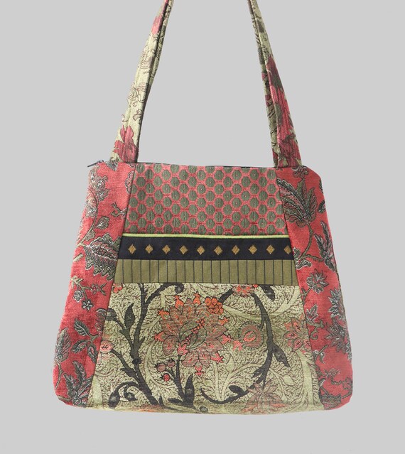 Melon Tapestry Tote Bag in Salmon and Sage Jacquard Upholstery Fabric Large