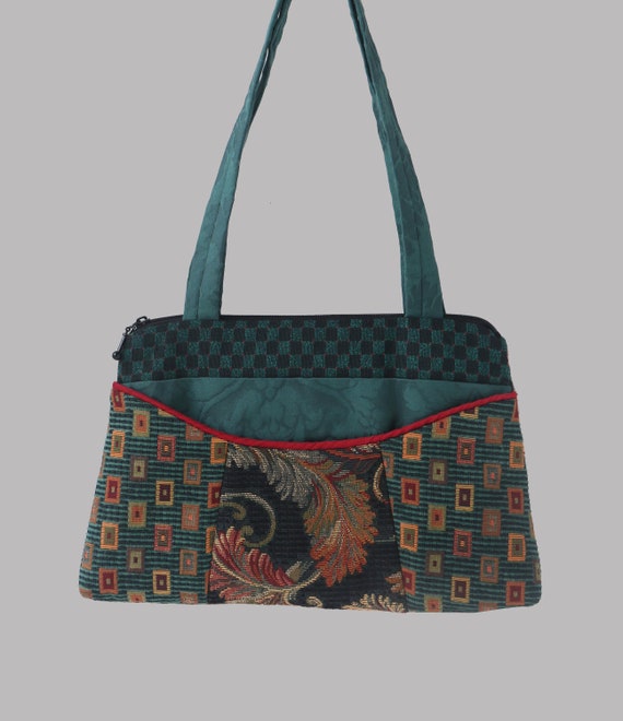 Teal Carnival Nancie Purse in Teal and Black Floral Jacquard Upholstery Fabric