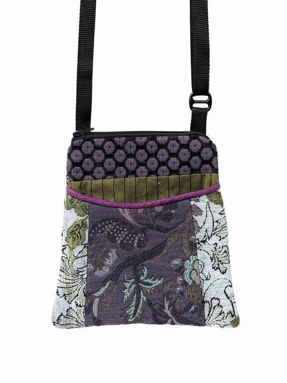 Adjustable Purse in Silver and Lavender Floral Jacquard Upholstery Fabric- One of a Kind!