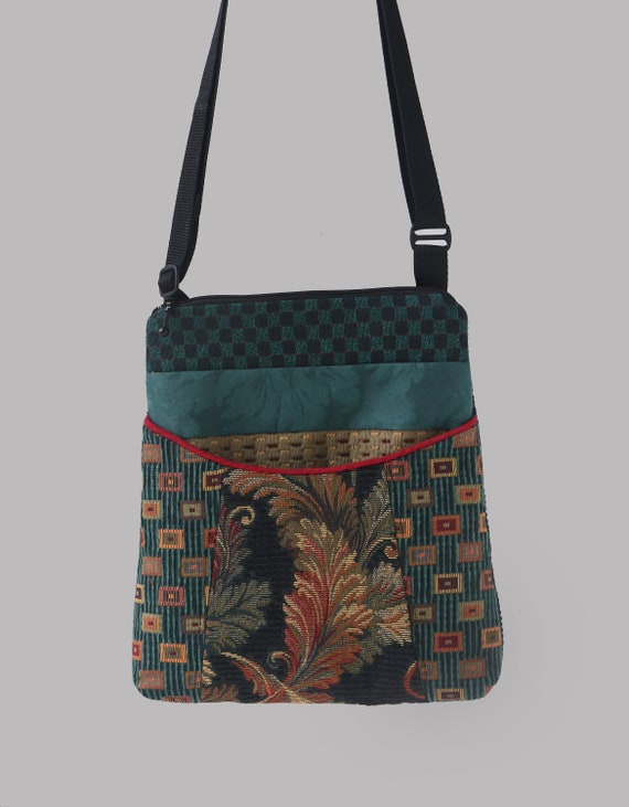 Teal Carnival Tapestry Adjustable Bag in Teal and Black Floral Upholstery Fabric