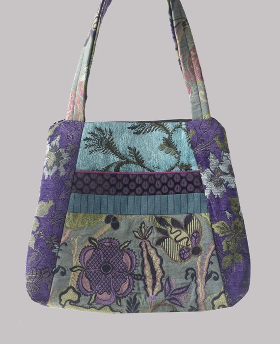 Aquamarine Tapestry Tote Bag in Purple and Aqua Floral Jacquard Upholstery Fabric Large