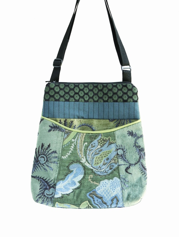 Tapestry Adjustable Bag in Larkspur and Green Floral Jacquard Upholstery Fabric- One of a Kind