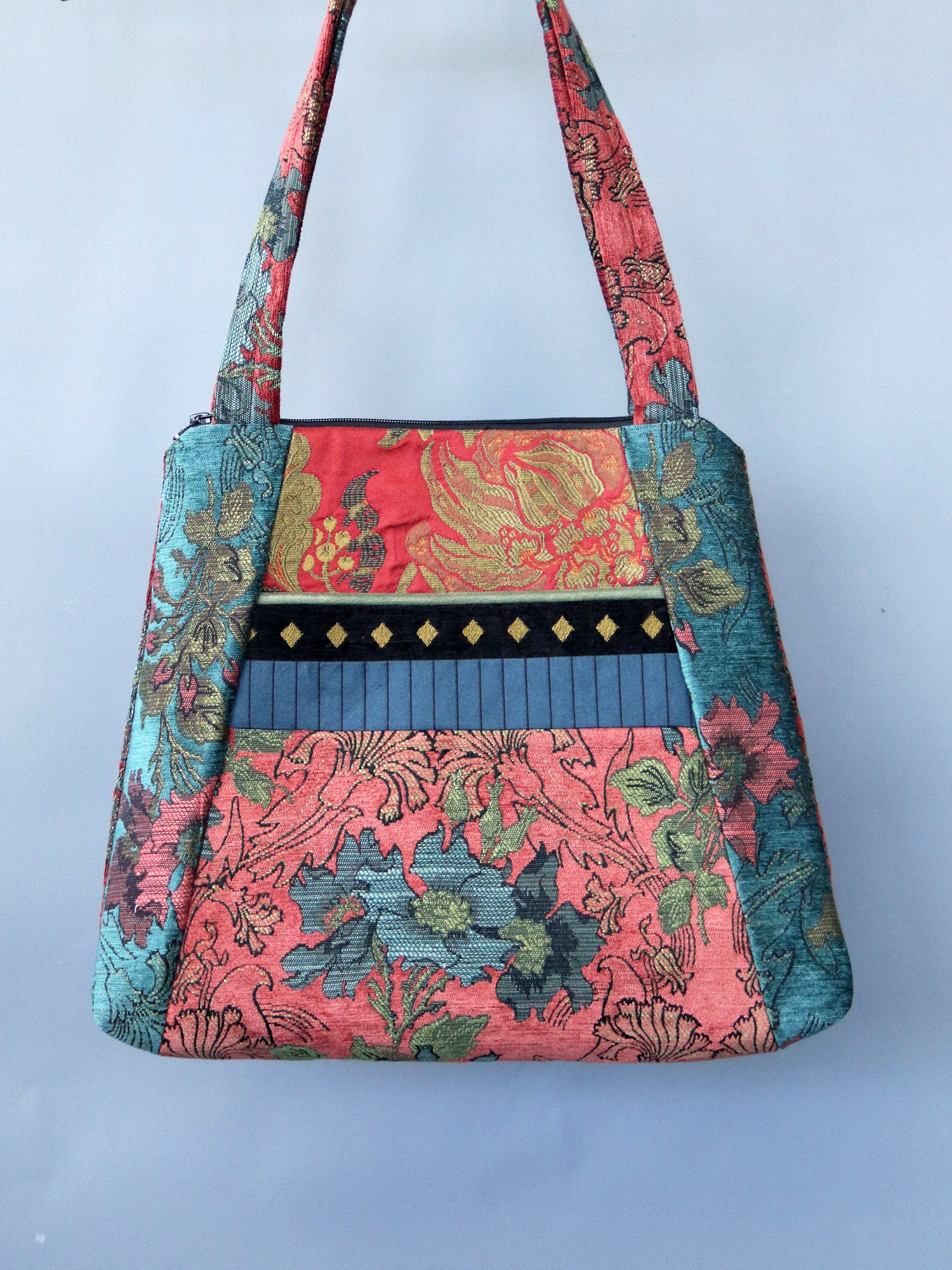 Zinnia Tapestry Tote Bag In Salmon And Teal Floral Upholstery