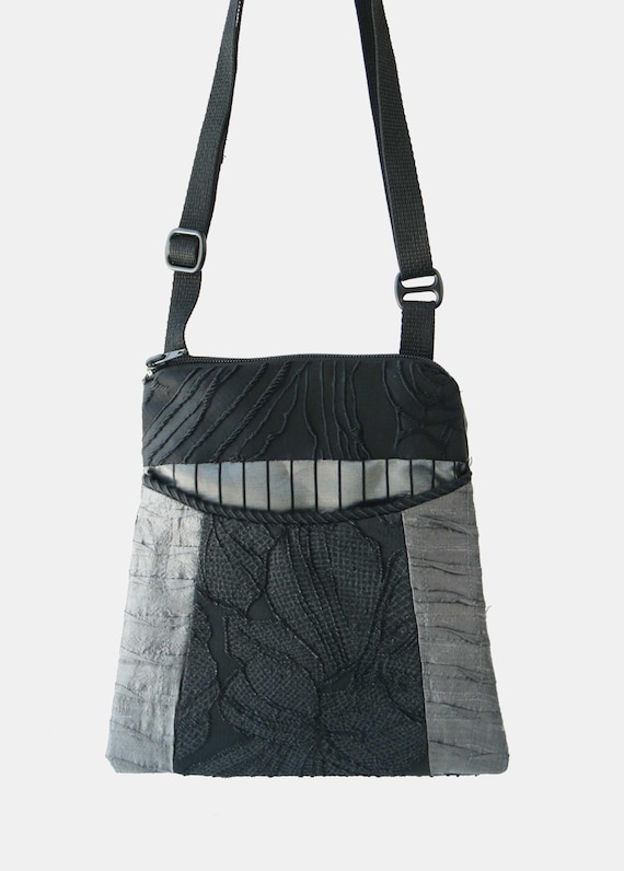 Light weight Adjustable Purse in Gray and Black Silk Fabric