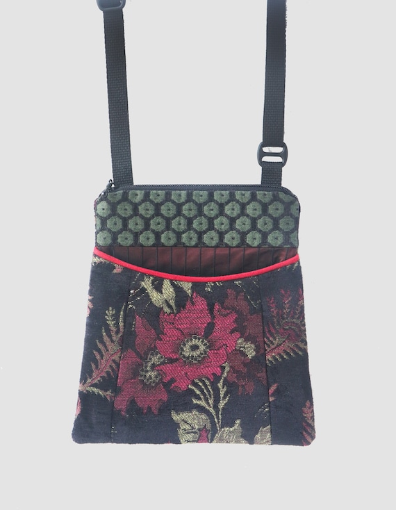 Madeira Tapestry Adjustable Purse in Red and Black Jacquard Upholstery Fabric