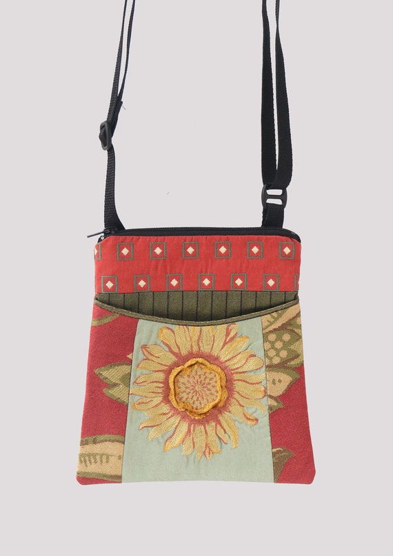 Sunflower Tapestry Adjustable Purse in Coral and Yellow Floral Jacquard Upholstery Fabric