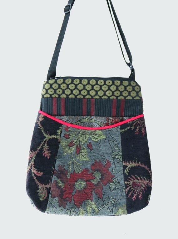 Tapestry Adjustable Bag in Slate and Madeira Floral Jacquard Upholstery Fabric- One of a Kind