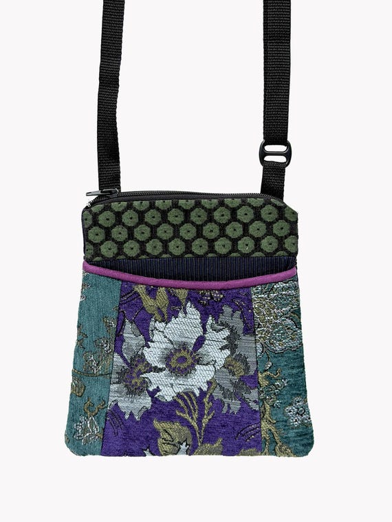Adjustable Purse in Hyacinth and Teal Floral Jacquard Upholstery Fabric- One of a Kind!