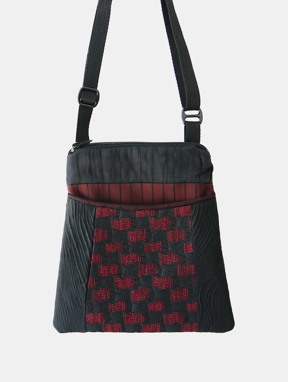 Light weight Adjustable Purse in Ruby and Black Geometric Silk Fabric