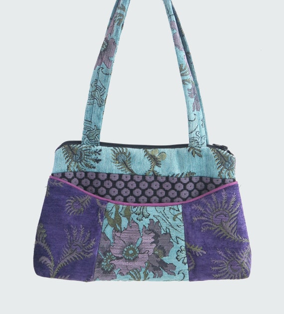 Seamist Medium Nancie Purse in Purple and Aqua Floral Jacquard Upholstery Fabric