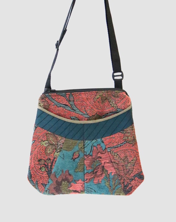 Zinnia Medium Tapestry Adjustable Alyssa Purse in Orange and Teal Floral Upholstery Fabric